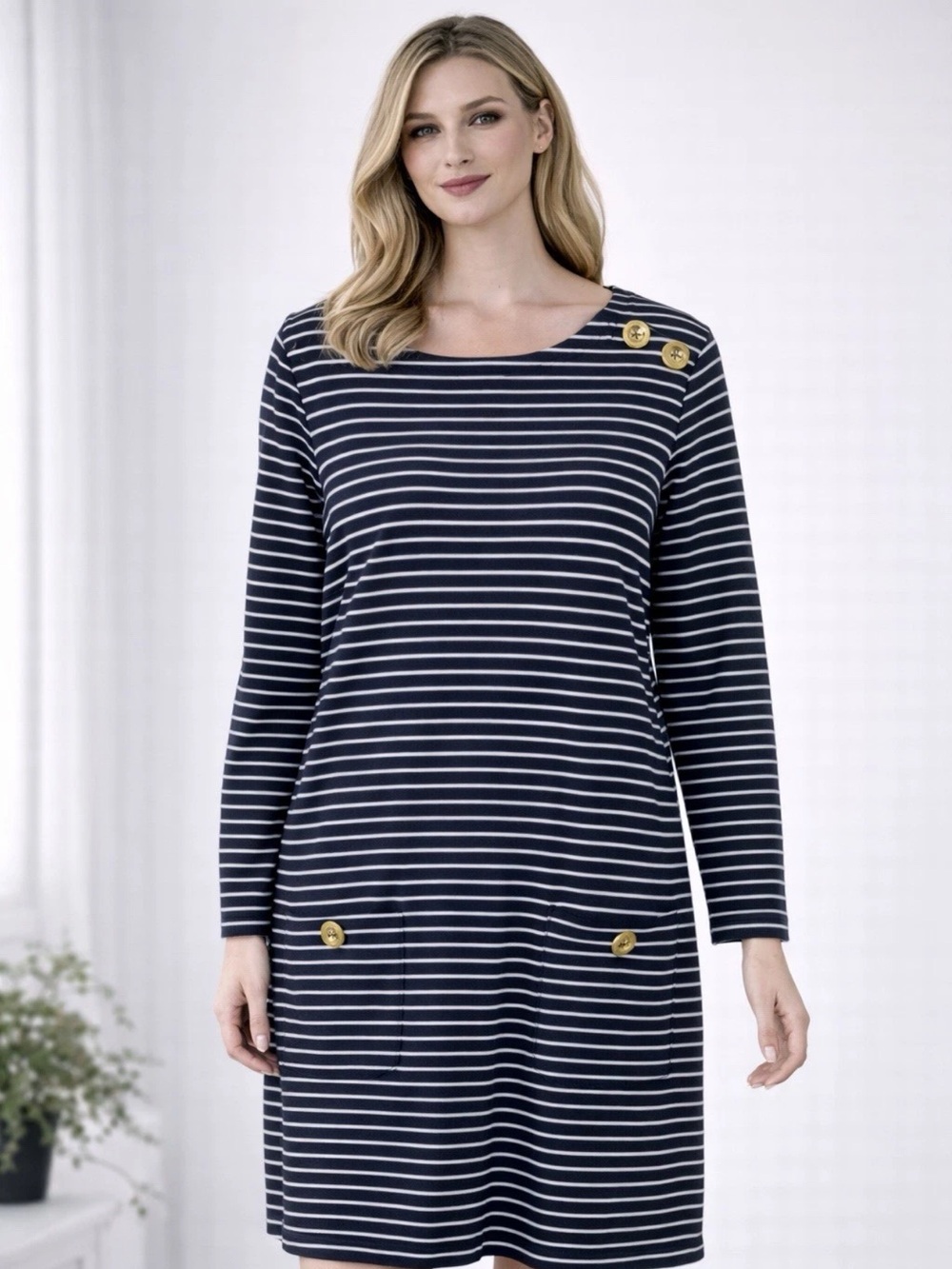 Sail to Sable Shirt Dress Long Sleeve Navy Blue Striped‎ Medium Pockets Coastal